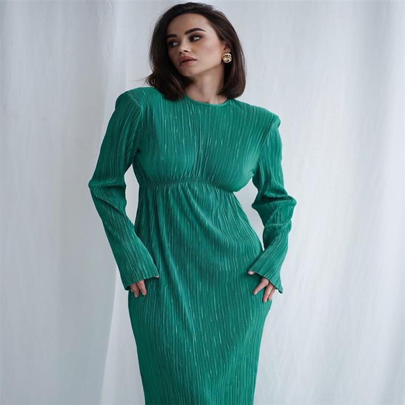 Ribbed Knit Maxi Autumn Wedding Guest Dress for Women - Green