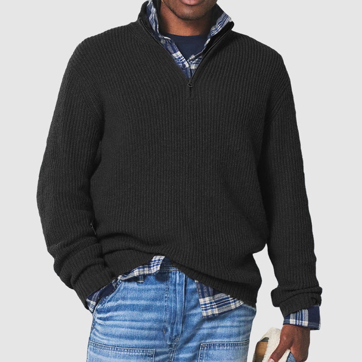 Ribbed Knit Quarter-Zip Jumper for Men - Black