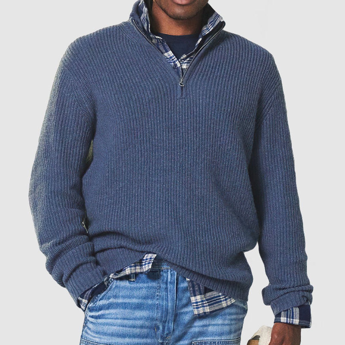 Ribbed Knit Quarter-Zip Jumper for Men - Blue