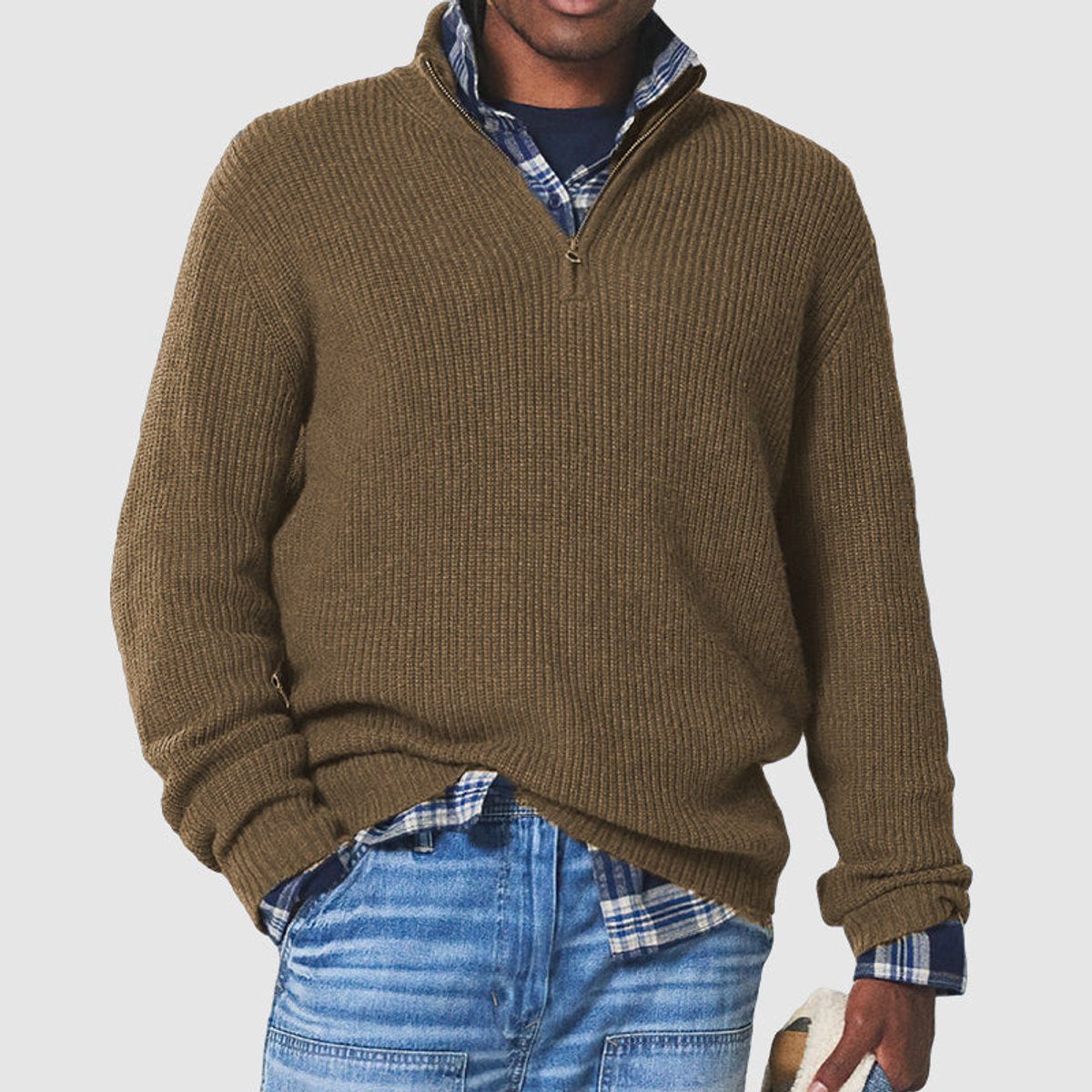 Ribbed Knit Quarter-Zip Jumper for Men - Brown
