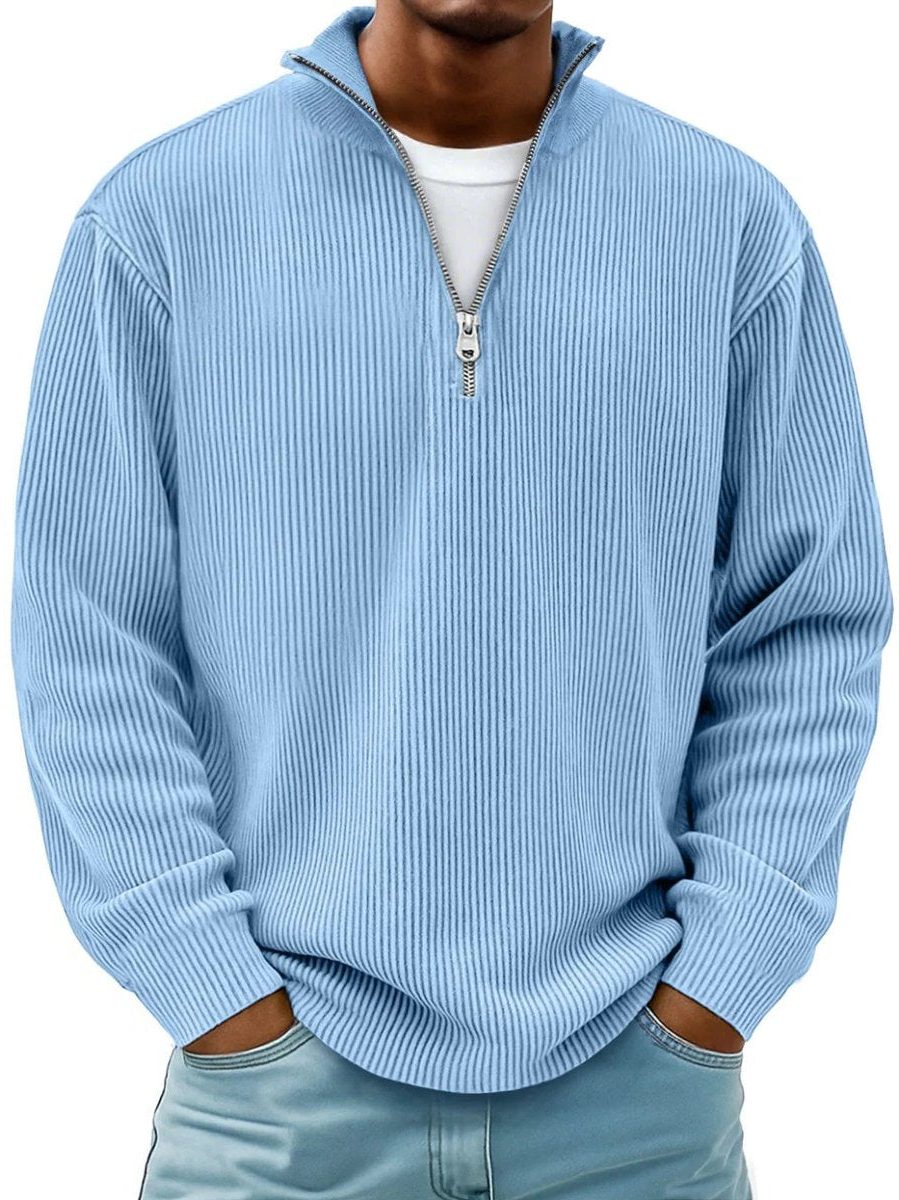 Ribbed Knit Quarter-Zip Jumper with Stand Collar for Men