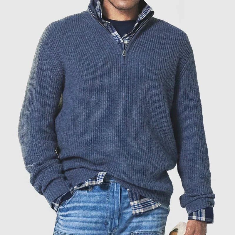 Ribbed Knit Quarter Zip Sweater for Men
