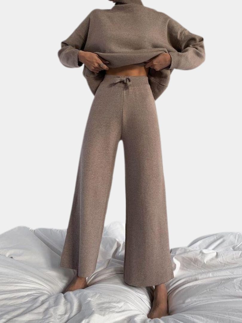 Ribbed Knit Roll Neck Wide Leg Set for Women
