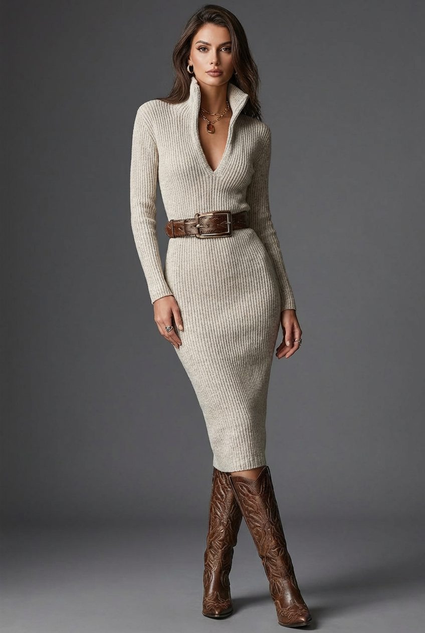 Ribbed Knit V-Neck Midi Dress with Belt for Women