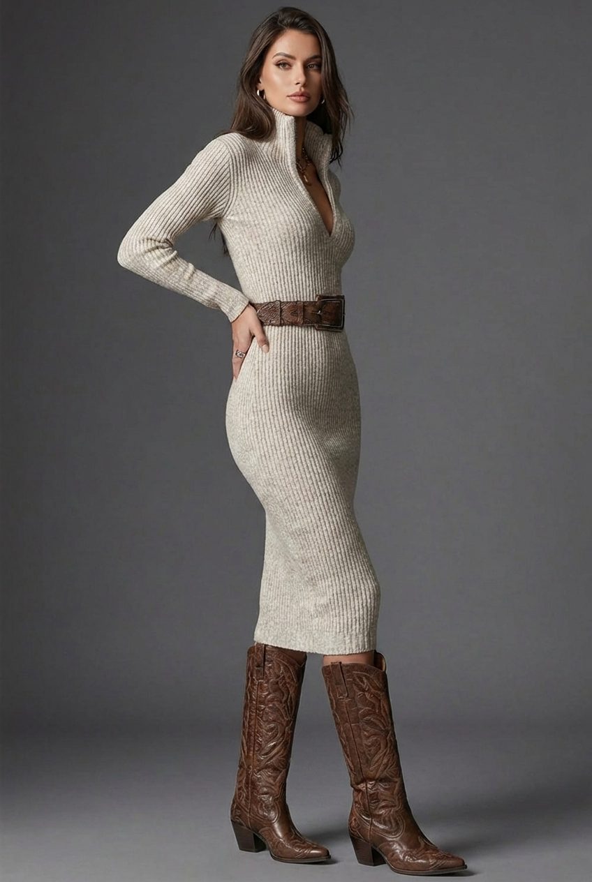 Ribbed Knit V-Neck Midi Dress with Belt for Women - View 2