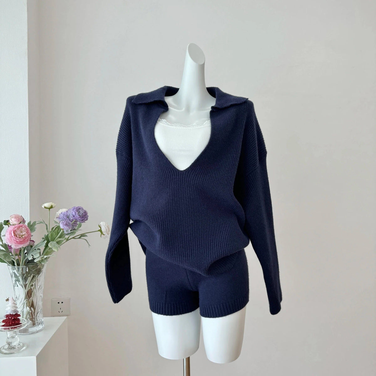 Ribbed Knit V-Neck Shorts Set for Women - View 11