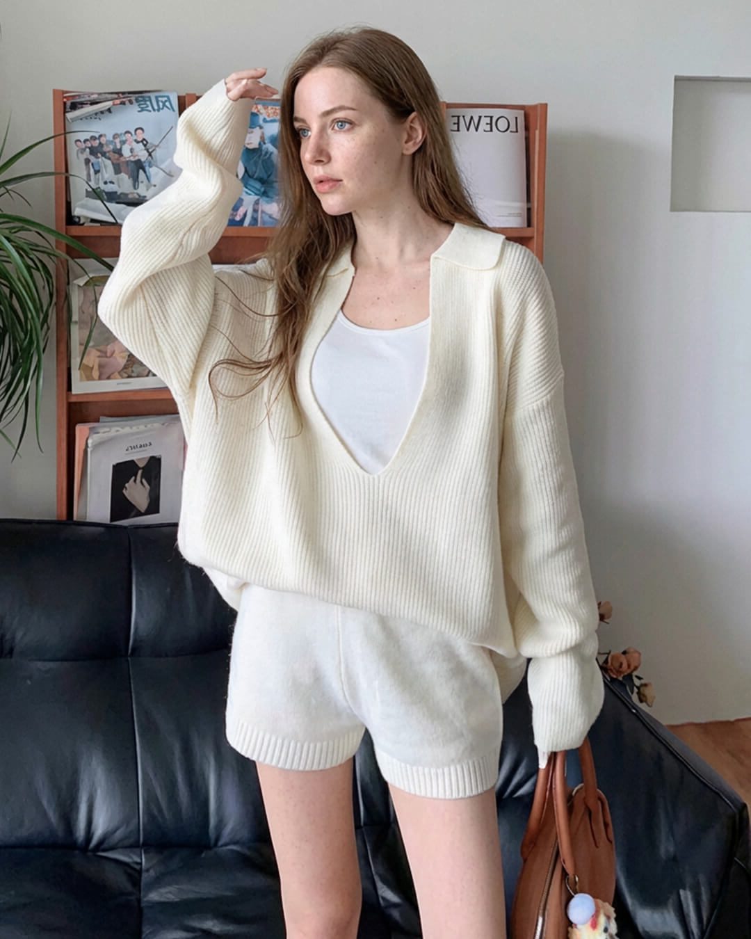 Ribbed Knit V-Neck Shorts Set for Women - Beige