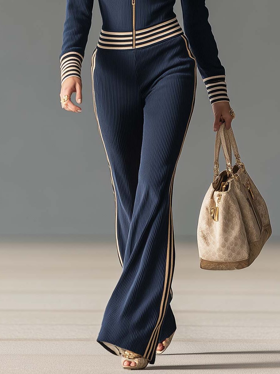 Ribbed Knit Zip-Up Hooded Jumpsuit with Striped Waistband for Women - View 6