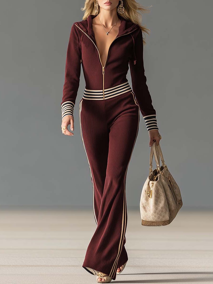 Ribbed Knit Zip-Up Hooded Jumpsuit with Striped Waistband for Women - View 7