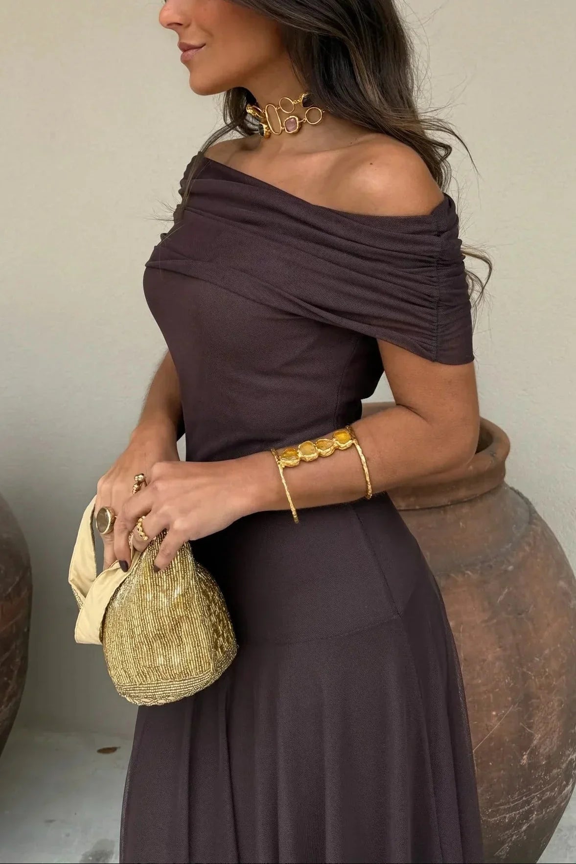One-Shoulder Pleated Wedding Guest Maxi Dress for Women