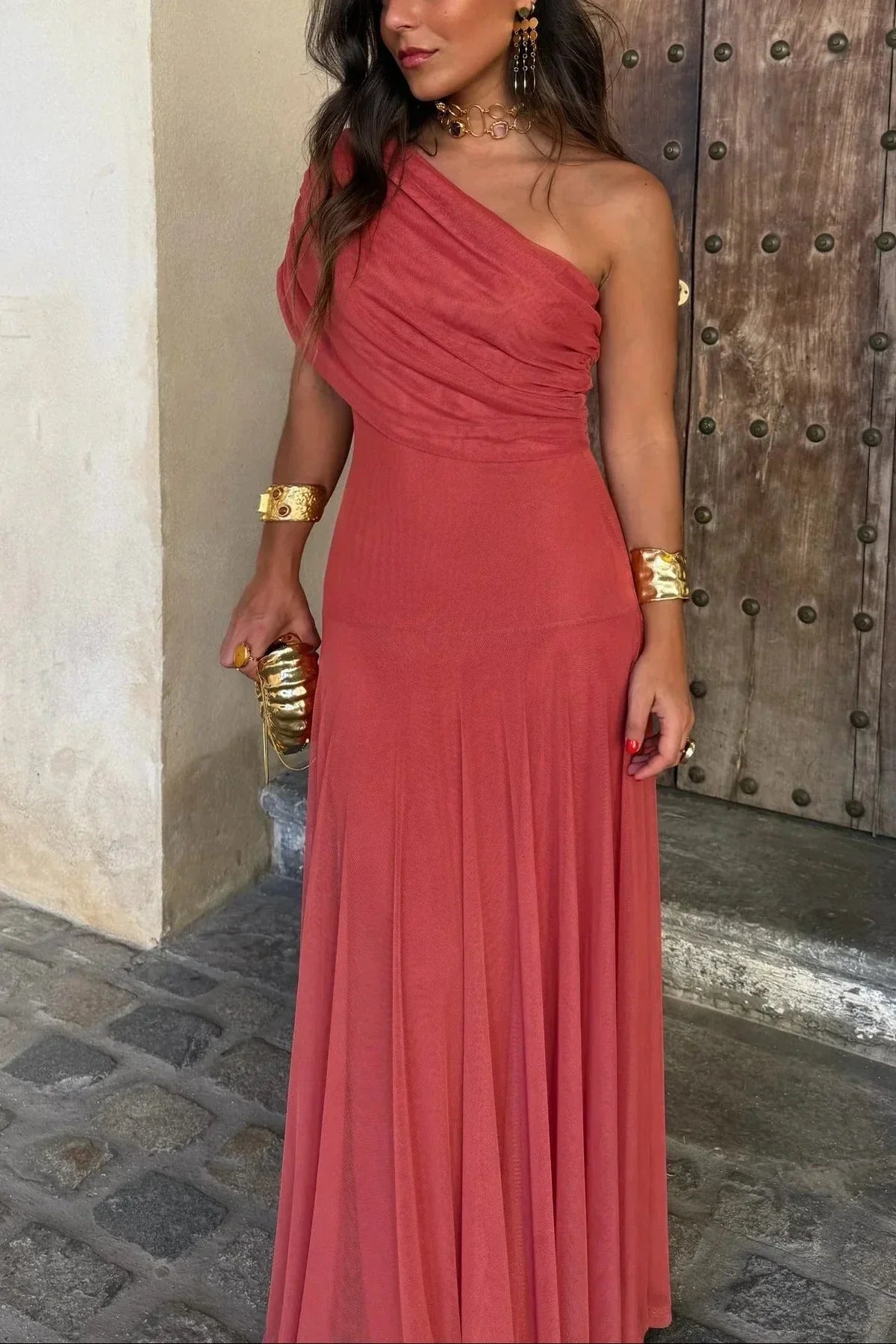 One-Shoulder Pleated Wedding Guest Maxi Dress for Women