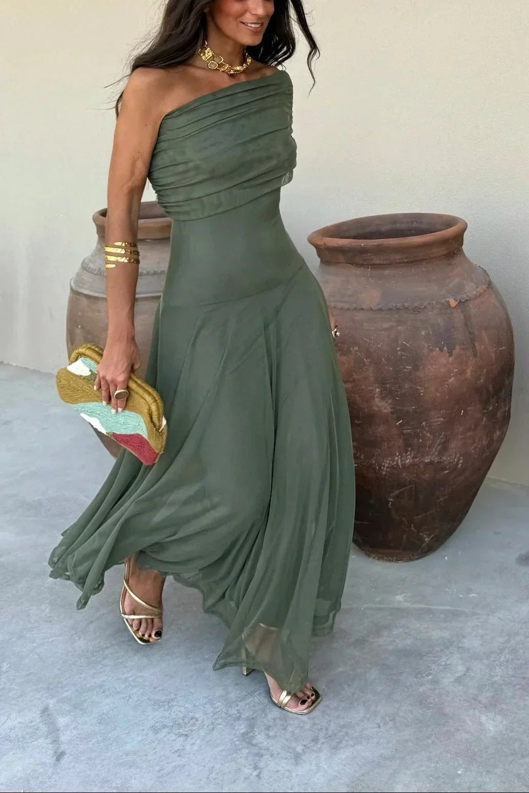 One-Shoulder Pleated Wedding Guest Maxi Dress for Women