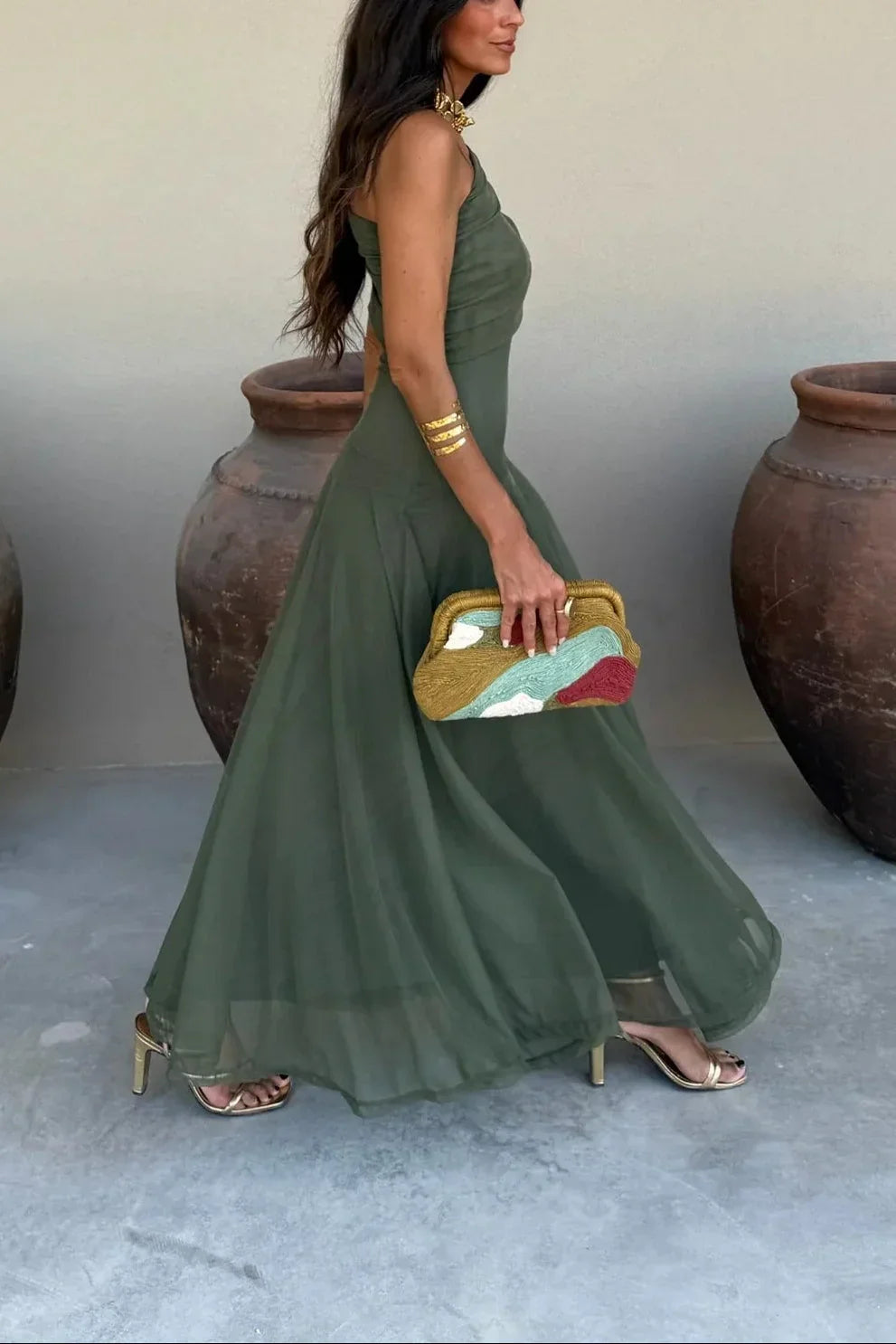 One-Shoulder Pleated Wedding Guest Maxi Dress for Women