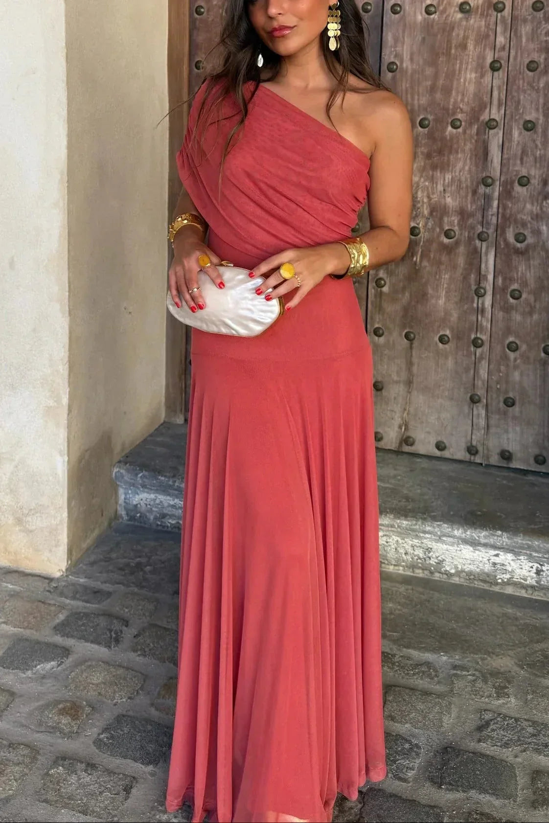 One-Shoulder Pleated Wedding Guest Maxi Dress for Women