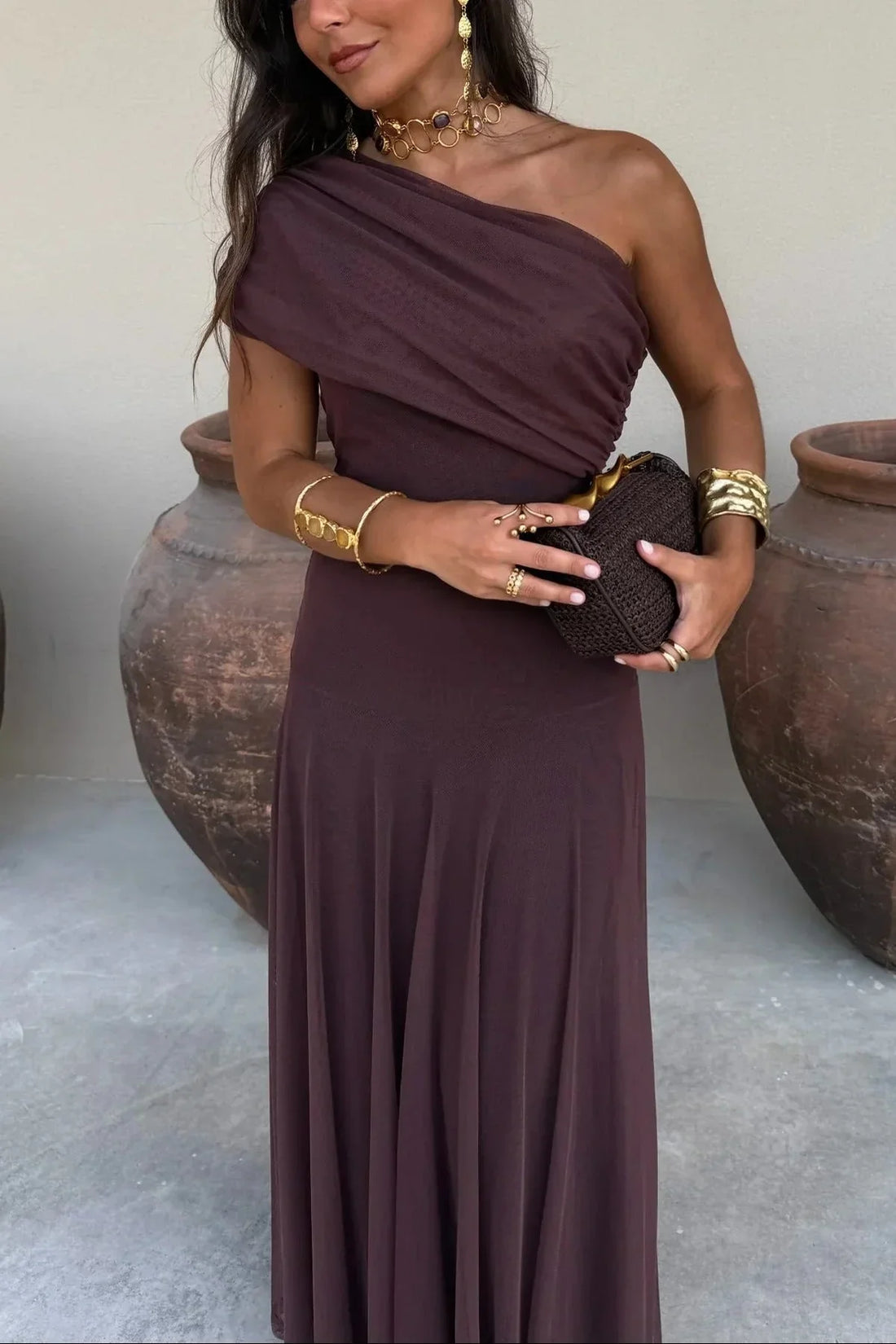 One-Shoulder Pleated Wedding Guest Maxi Dress for Women