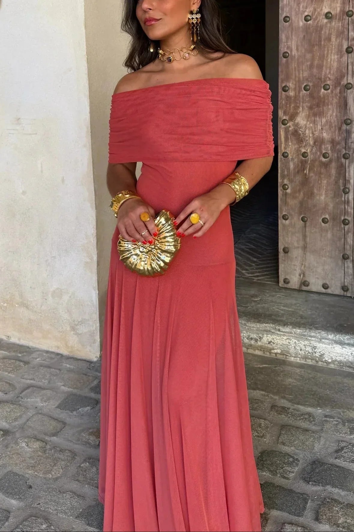 One-Shoulder Pleated Wedding Guest Maxi Dress for Women