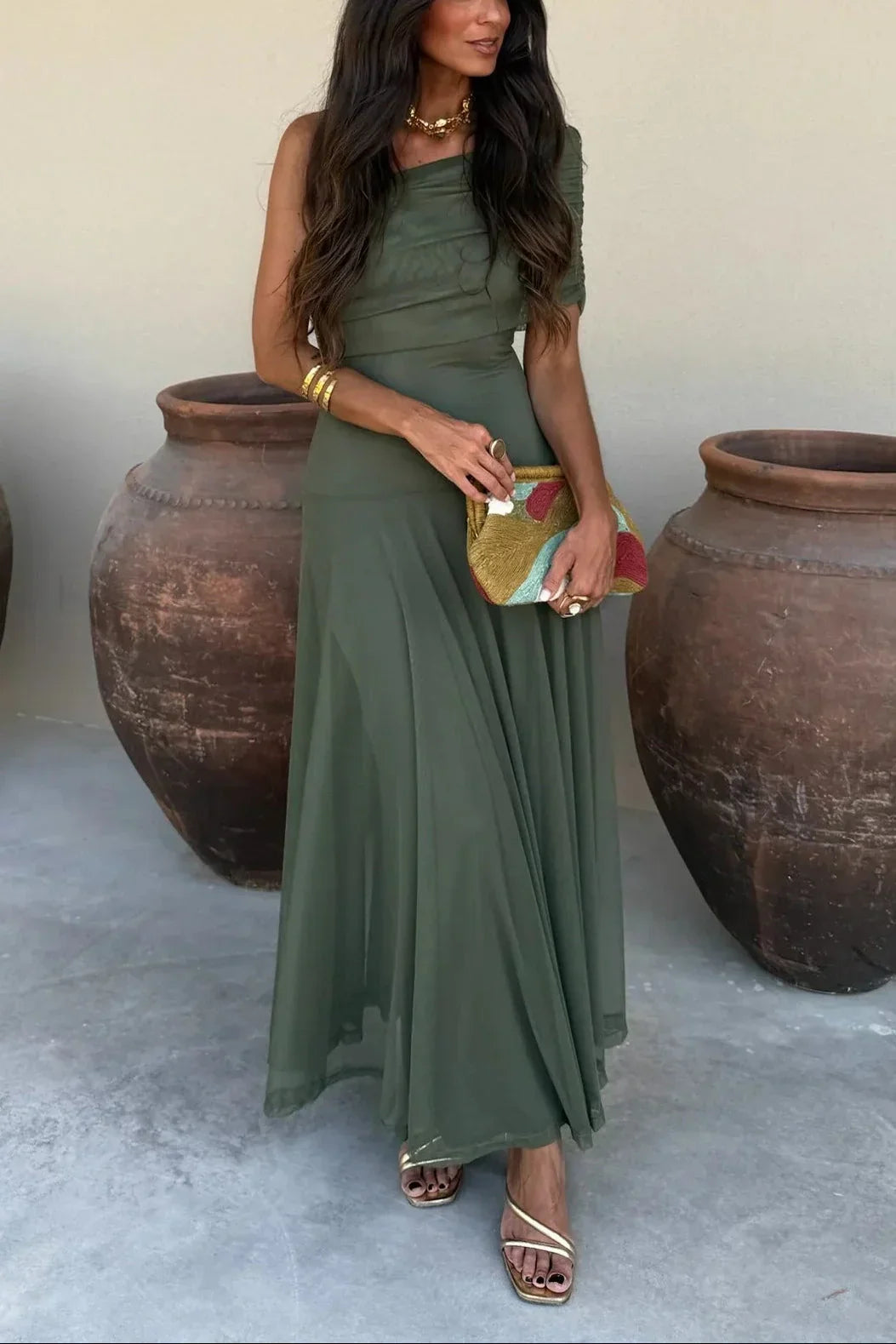 One-Shoulder Pleated Wedding Guest Maxi Dress for Women
