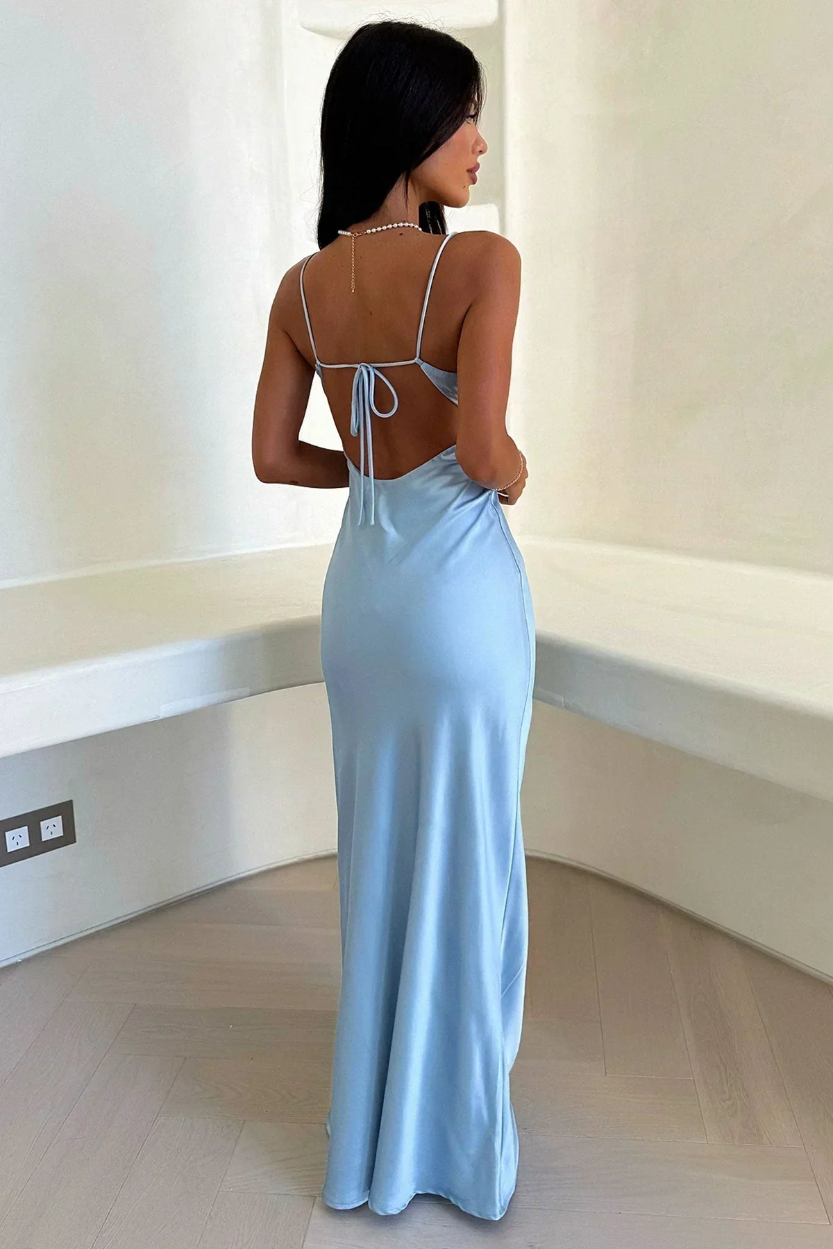 Satin V-Neck Wedding Guest Maxi Dress for Women