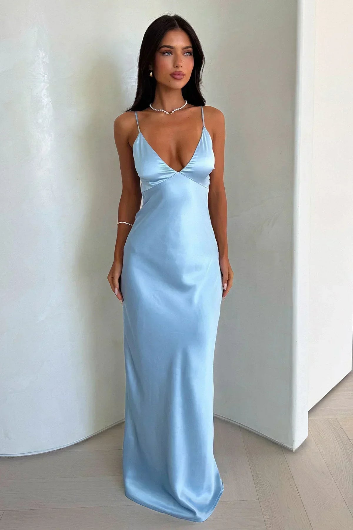 Satin V-Neck Wedding Guest Maxi Dress for Women