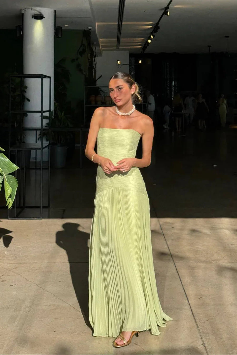Pleated Strapless Wedding Guest Maxi Dress for Women