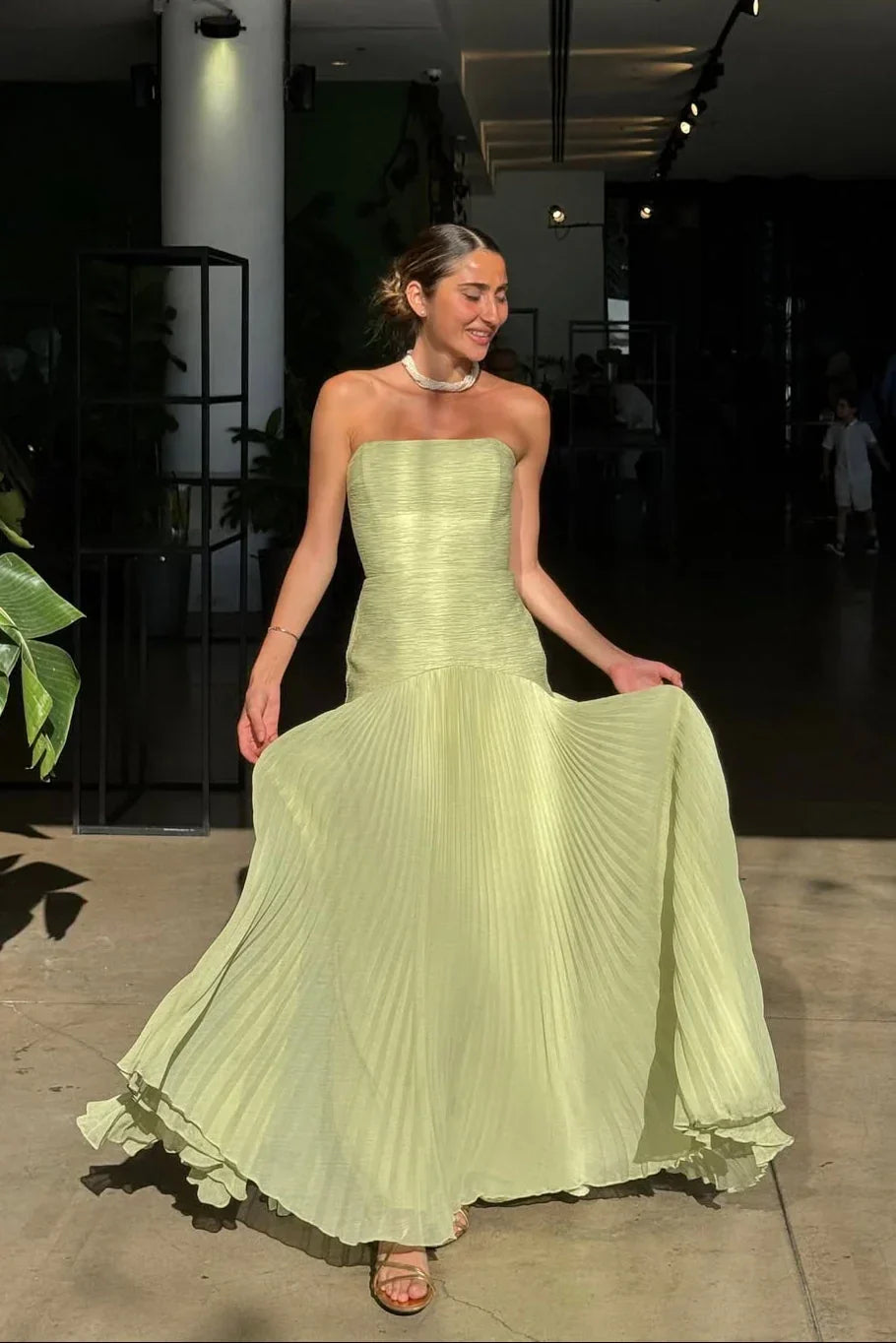 Pleated Strapless Wedding Guest Maxi Dress for Women
