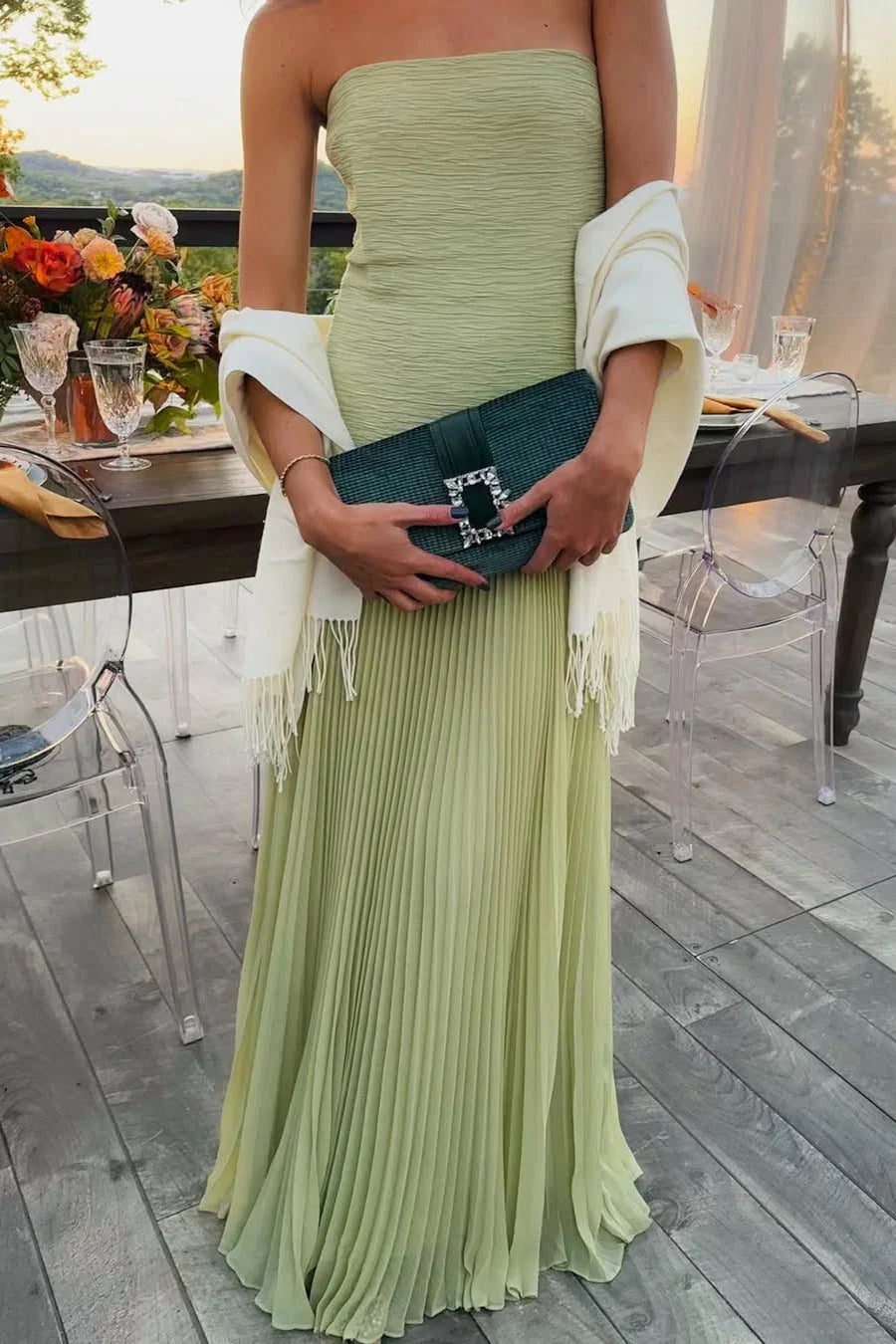 Pleated Strapless Wedding Guest Maxi Dress for Women