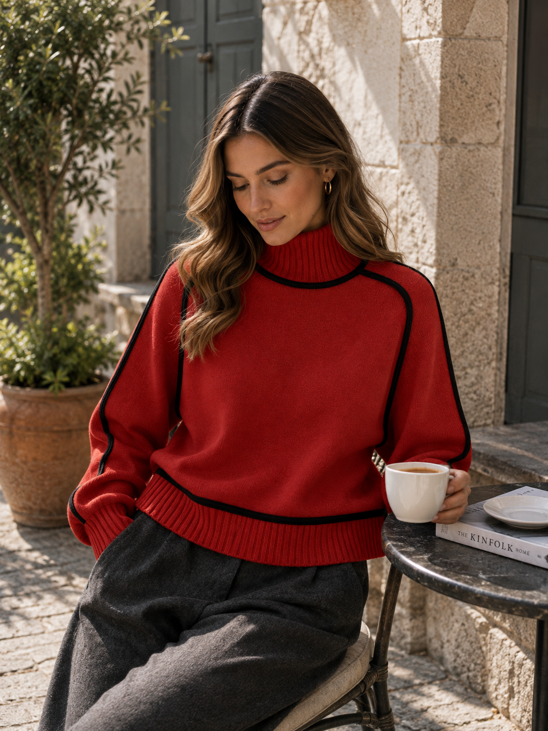 Ribbed Knit Oversized Sweater with Roll Neck for Women