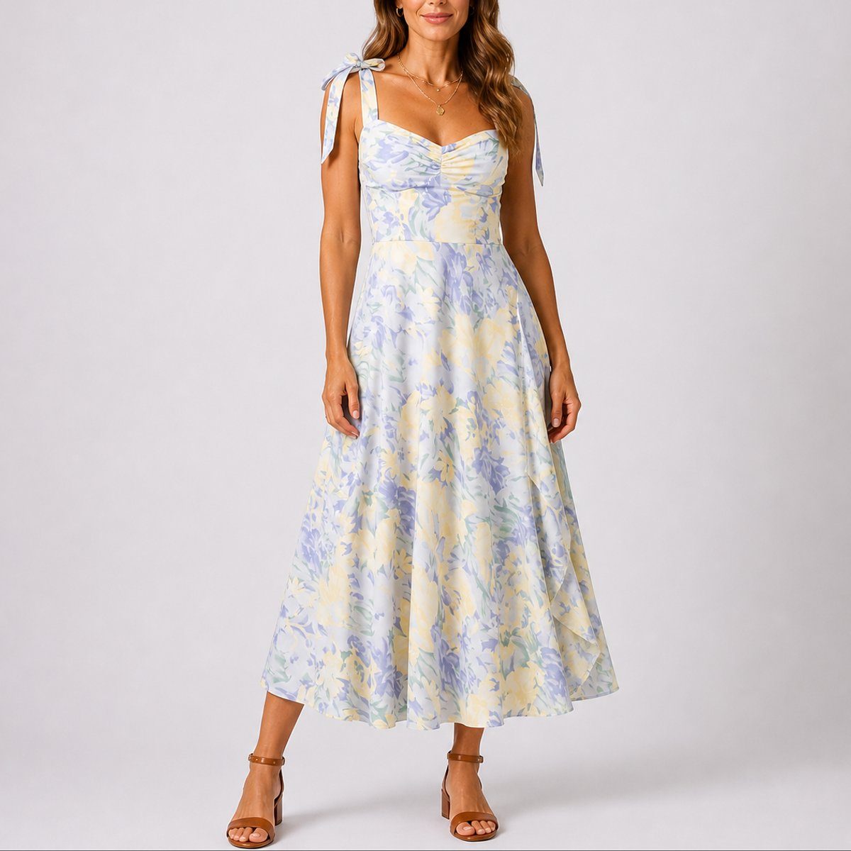 Ruched Bodice A-Line Midi Autumn Wedding Guest Dress for Women - Floral White