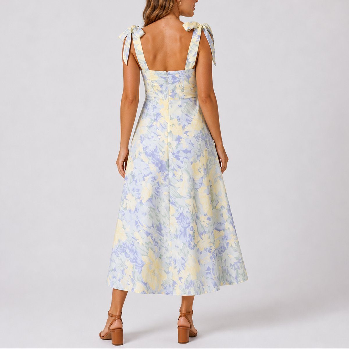 Ruched Bodice A-Line Midi Autumn Wedding Guest Dress for Women - View 3