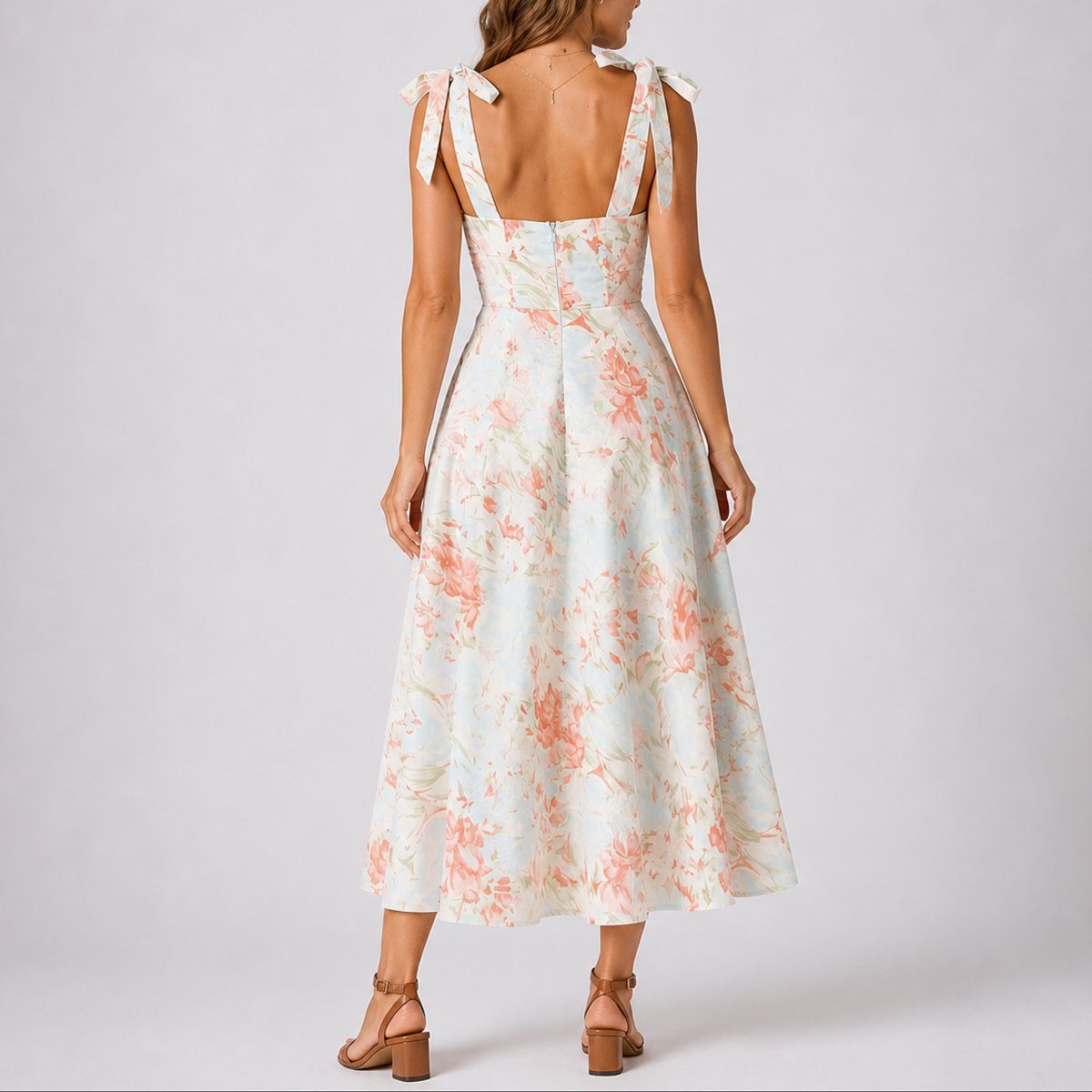 Ruched Bodice A-Line Midi Autumn Wedding Guest Dress for Women - View 4