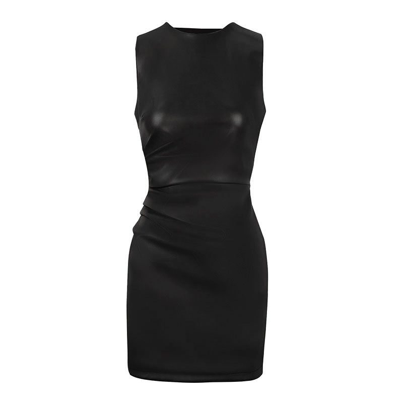 Ruched Leather Mini Dress for Women - Black