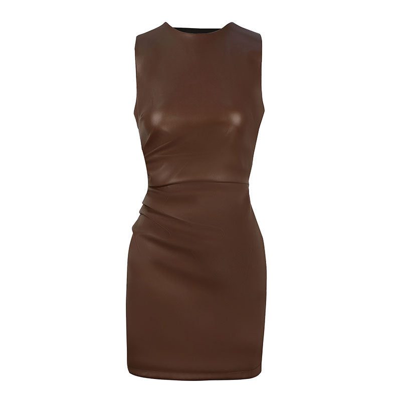 Ruched Leather Mini Dress for Women - Brown
