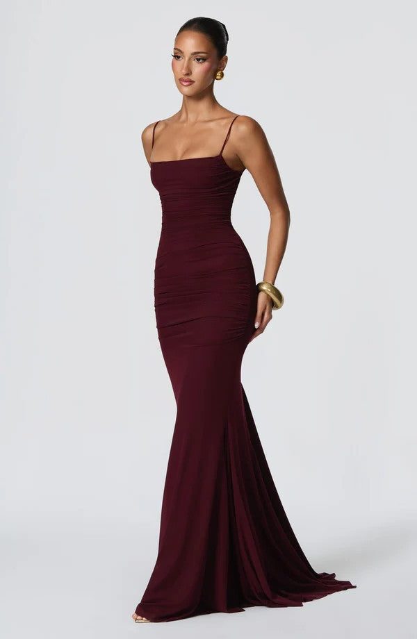 Ruched Spaghetti Strap Autumn Wedding Guest Maxi Dress for Women - Dark Red