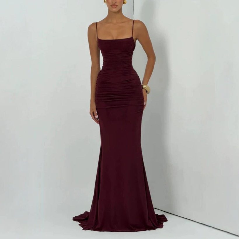 Ruched Spaghetti Strap Autumn Wedding Guest Maxi Dress for Women