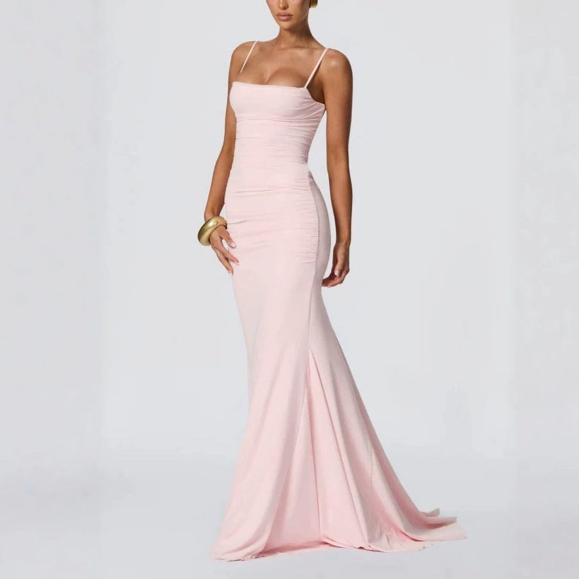 Ruched Spaghetti Strap Autumn Wedding Guest Maxi Dress for Women