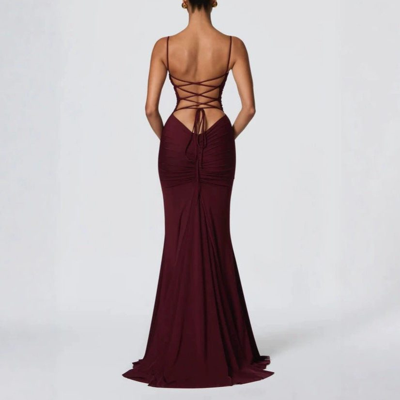 Ruched Spaghetti Strap Autumn Wedding Guest Maxi Dress for Women - View 3