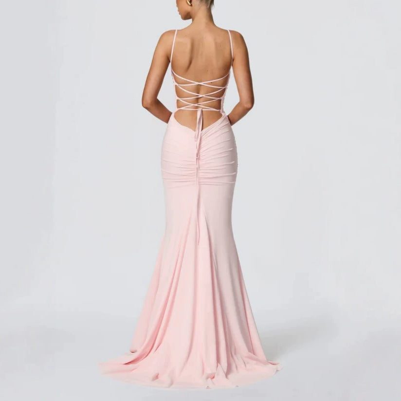 Ruched Spaghetti Strap Autumn Wedding Guest Maxi Dress for Women - View 4