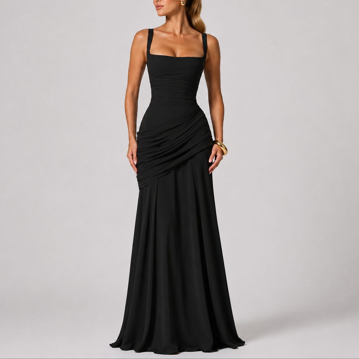 Ruched Square Neck Autumn Wedding Guest Maxi Dress for Women