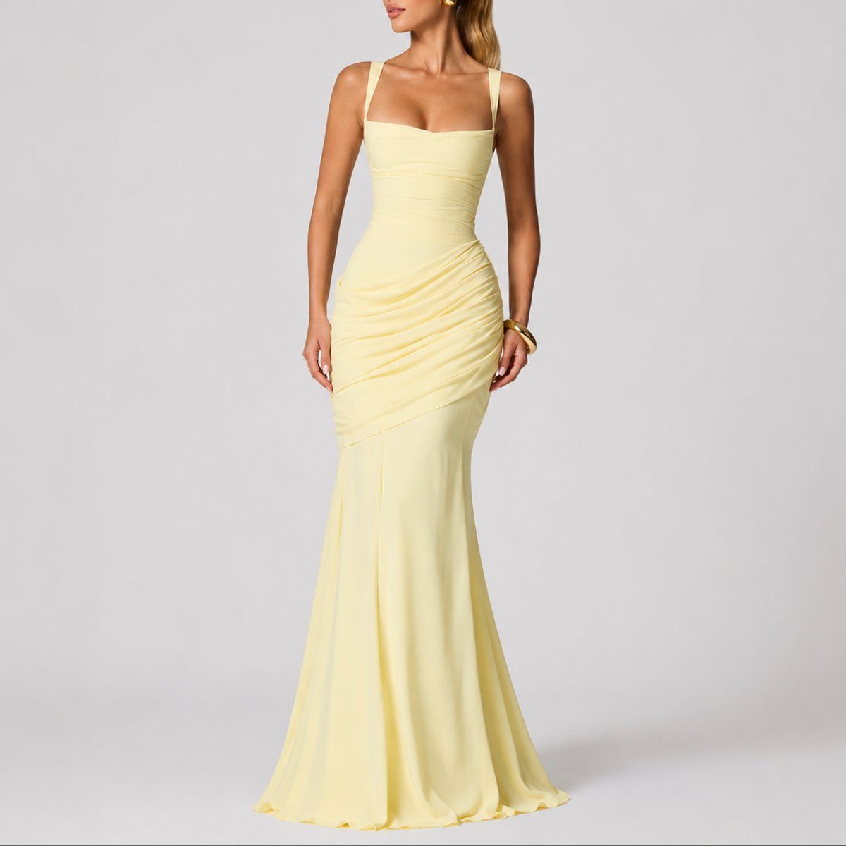 Ruched Square Neck Autumn Wedding Guest Maxi Dress for Women - Yellow