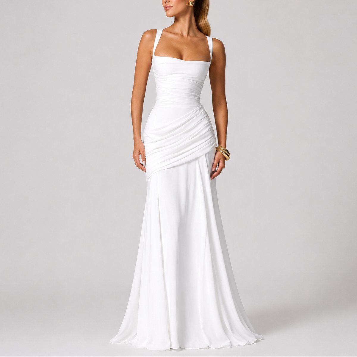Ruched Square Neck Autumn Wedding Guest Maxi Dress for Women - White