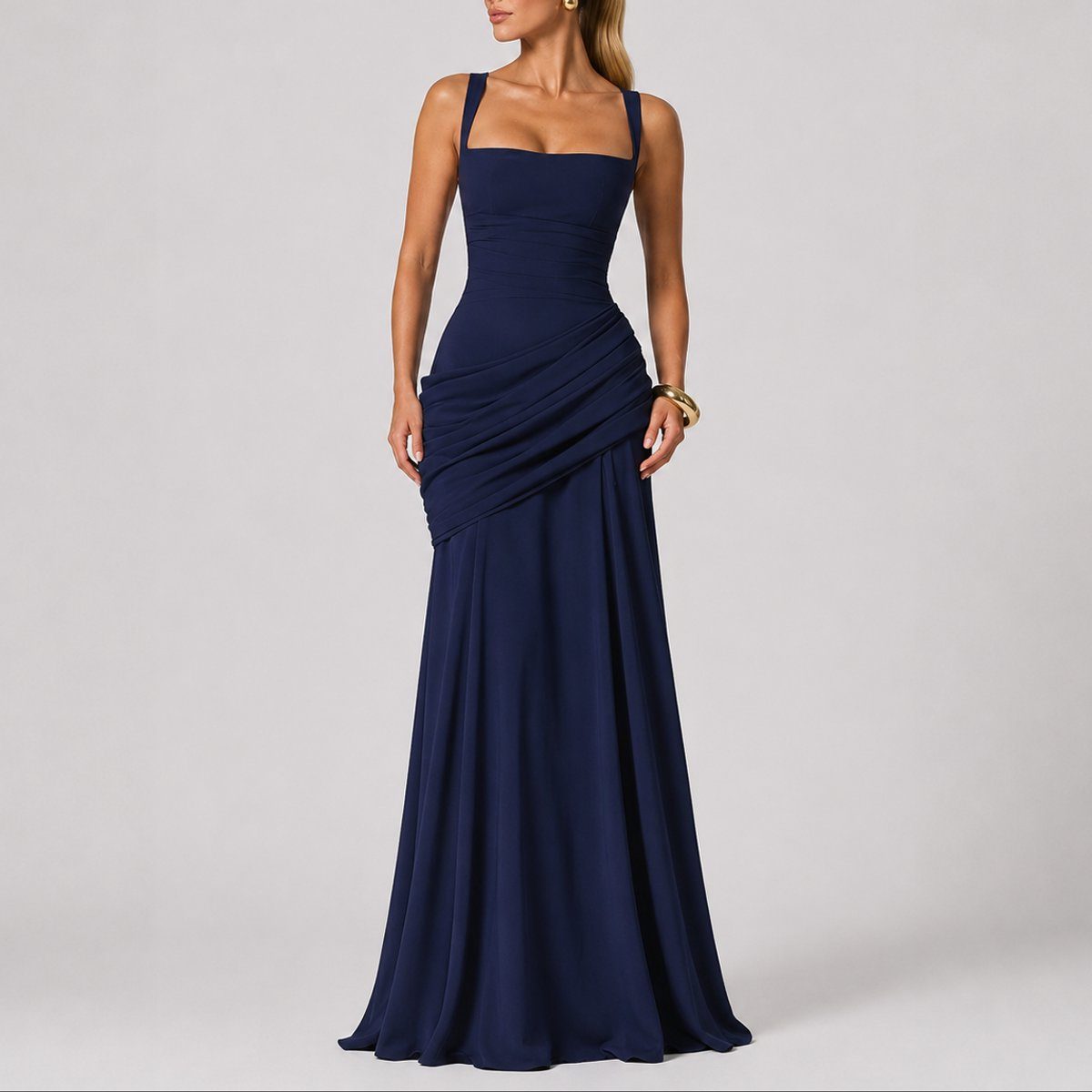 Ruched Square Neck Autumn Wedding Guest Maxi Dress for Women - Navy