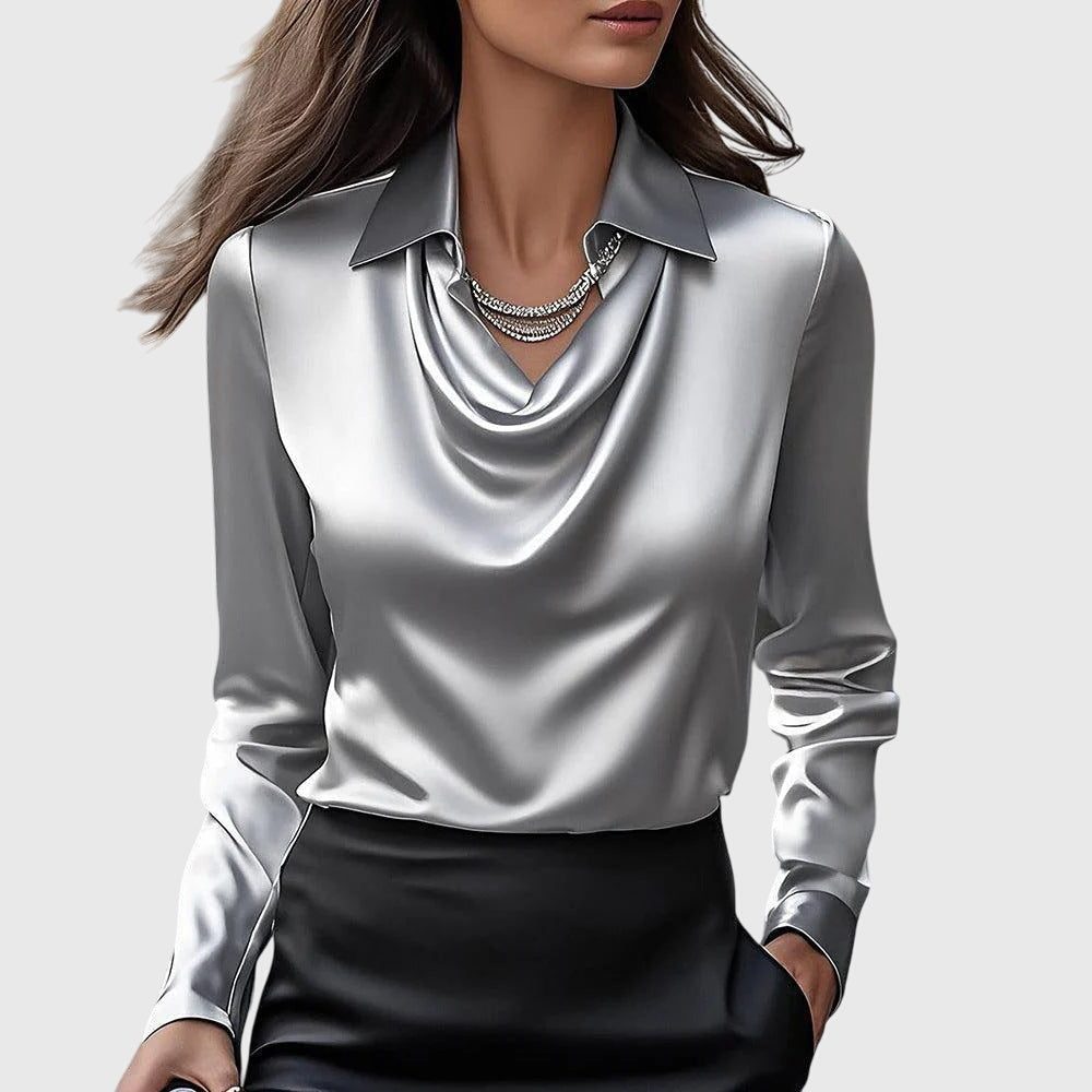 Satin Collared Blouse with Long Sleeves for Women - Silver