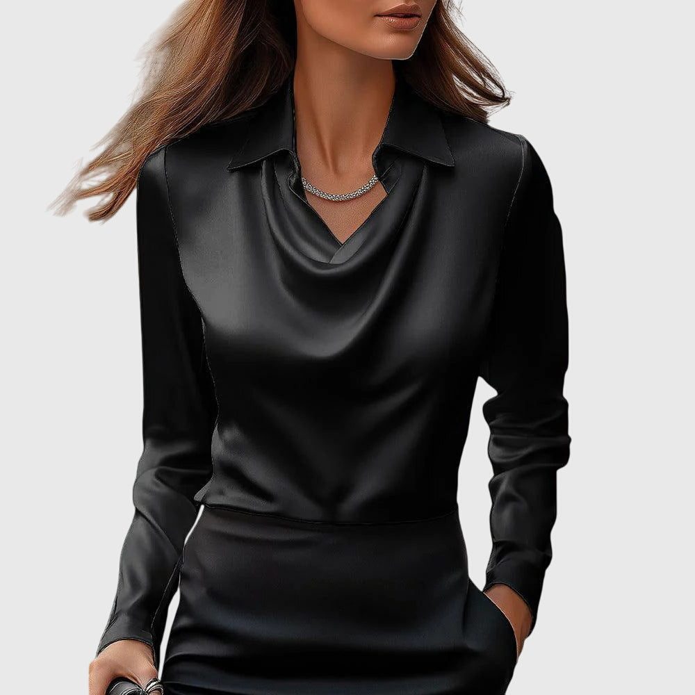 Satin Collared Blouse with Long Sleeves for Women - Black
