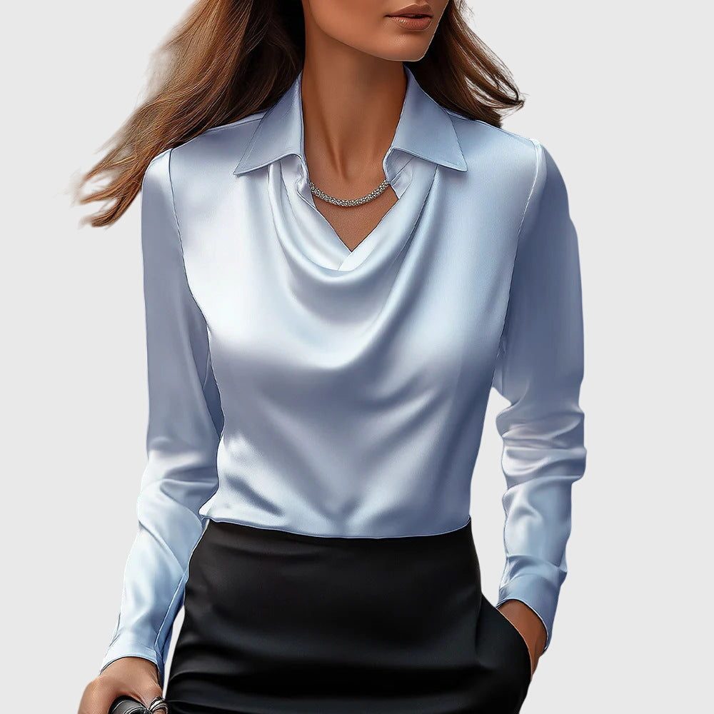 Satin Collared Blouse with Long Sleeves for Women - Light Blue