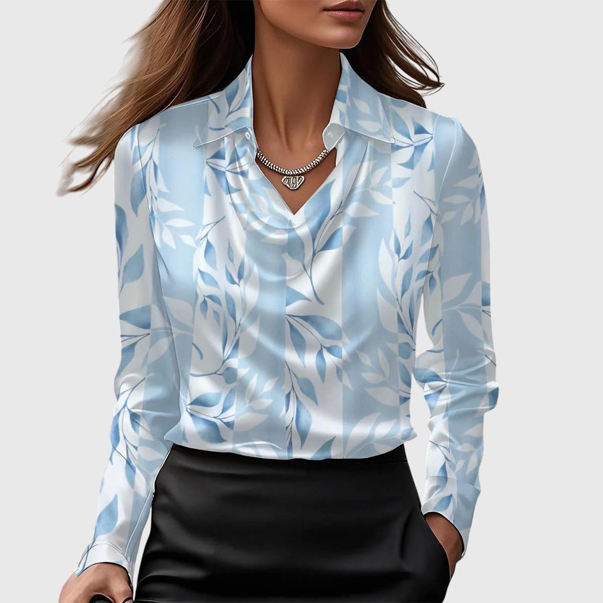 Satin Collared Blouse with Long Sleeves for Women - Light Blue Floral