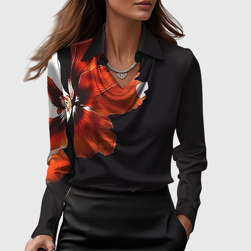 Satin Collared Blouse with Long Sleeves for Women - Black Red