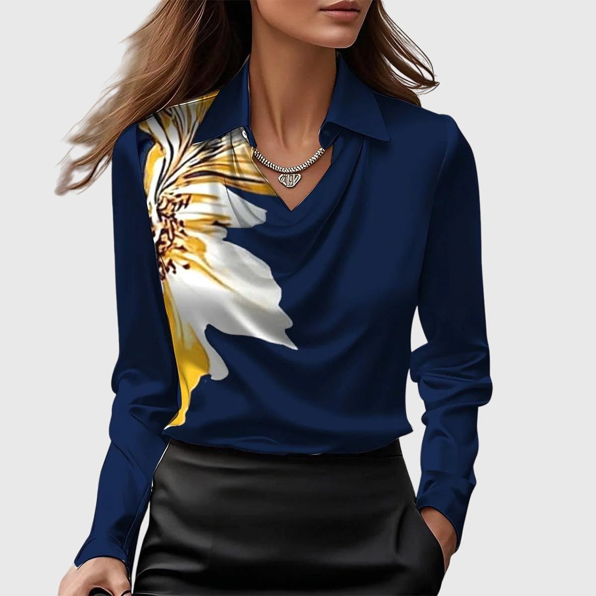 Satin Collared Blouse with Long Sleeves for Women - Dark Blue