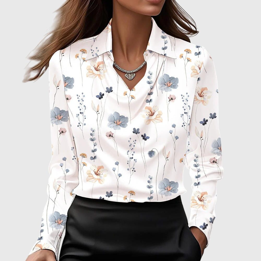 Satin Collared Blouse with Long Sleeves for Women - White Floral