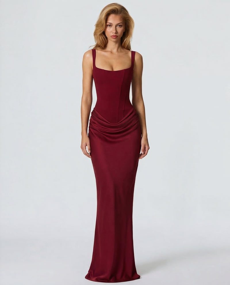 Satin Corset Maxi Dress Autumn Wedding Guest Dress for Women - Burgundy