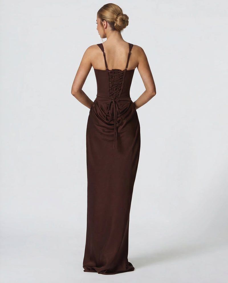 Satin Corset Maxi Dress Autumn Wedding Guest Dress for Women - View 2